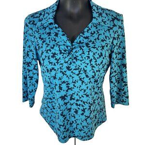 Chadwicks - Blouse Knit Top Women's S Collar V-Neck Teal Black Abstract Floral